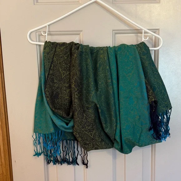 Green, Blue and Gold Paisley Wrap with Fringe - Picture 5 of 5